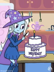 Size: 1200x1600 | Tagged: safe, artist:djgames, derpibooru import, trixie, equestria girls, birthday cake, cake, cape, clothes, food, happy birthday, hat, kitchen, refrigerator, requested art, sink, solo, table, teapot, trixie's cape, trixie's hat