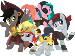 Size: 7500x5679 | Tagged: safe, artist:limedazzle, derpibooru import, oc, unofficial characters only, earth pony, pegasus, pony, unicorn, absurd resolution, clothes, commission, eyepatch, hat, looking at you, movie accurate, pirate, pirate hat, simple background, transparent background