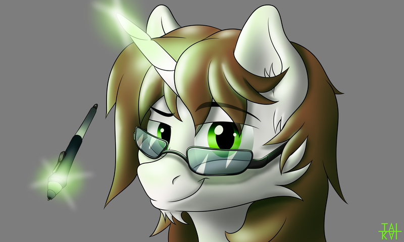 Size: 5000x3000 | Tagged: safe, artist:tai kai, derpibooru import, oc, oc:tai, unicorn, bust, glasses, glowing horn, levitation, magic, smiling, stylus, telekinesis