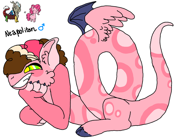 Size: 3000x2200 | Tagged: safe, artist:bubblesthealicorn, derpibooru import, discord, pinkie pie, oc, oc:neapolitan, unofficial characters only, draconequus, draconequus oc, interspecies offspring, male, male symbol, offspring, parent:discord, parent:pinkie pie, parents:discopie, simple background, solo, white background, xk-class end-of-the-world scenario