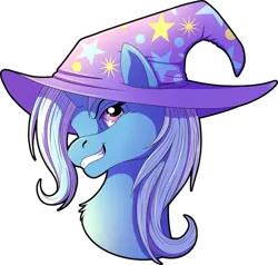 Size: 2405x2289 | Tagged: safe, artist:xenosa, derpibooru import, trixie, pony, unicorn, bust, grin, simple background, smiling, solo, transparent background