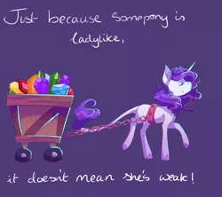 Size: 3600x3200 | Tagged: safe, artist:uunicornicc, derpibooru import, rarity, pony, unicorn, a dog and pony show, cart, chains, female, gem, harness, leonine tail, mare, positive ponies, purple background, simple background, smiling, solo, tack, text