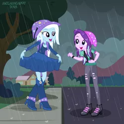 Size: 3997x3997 | Tagged: safe, artist:metalhead97, derpibooru import, starlight glimmer, trixie, equestria girls, beanie, boots, cape, clothes, cloud, cloudy, curtsey, cute, diatrixes, dress, fall formal outfits, friendship, glimmerbetes, hat, high heel boots, laughing, looking at each other, outdoors, rain, shoes, show accurate, soaked, trixie's cape, trixie's hat, wet, wet clothes, wet hair