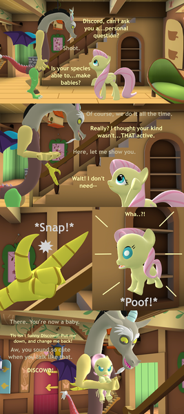 Size: 1920x4320 | Tagged: safe, artist:red4567, derpibooru import, discord, fluttershy, pony, 3d, age regression, baby, baby pony, baby talk, babyshy, comic, hoofy-kicks, snap, source filmmaker, the birds and the bees, the talk