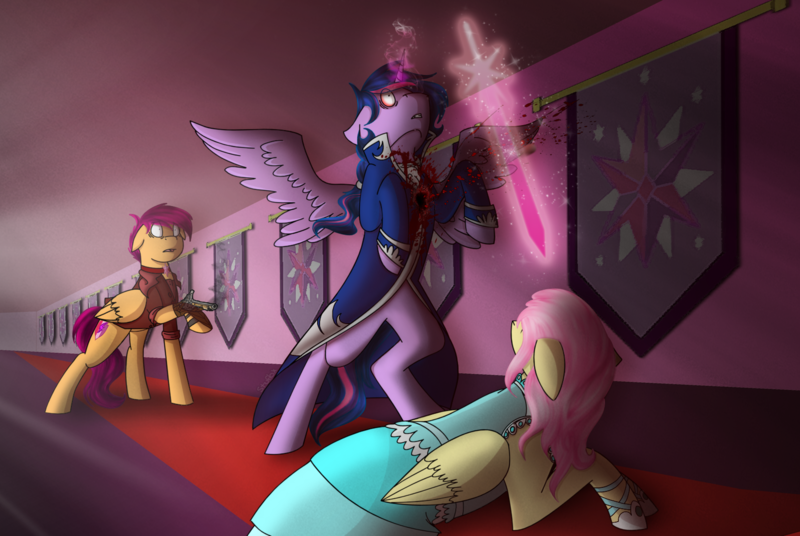 Size: 1612x1080 | Tagged: grimdark, artist:stuflox, derpibooru import, fluttershy, scootaloo, twilight sparkle, twilight sparkle (alicorn), alicorn, pegasus, pony, the count of monte rainbow, albert de morcef, blood, clothes, death, dress, dusk shine, edmond dantes, female, gun, levitation, magic, mare, mercedes, mondego, monsparkle, older, older scootaloo, rule 63, scootabert, scooteroll, shocked, shycedes, sword, telekinesis, the cmc's cutie marks, the count of monte cristo, weapon, wide eyes