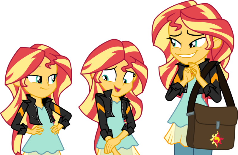 Size: 4600x3000 | Tagged: safe, artist:cloudyglow, derpibooru import, sunset shimmer, equestria girls, mirror magic, spoiler:eqg specials, .ai available, absurd resolution, clothes, jacket, leather jacket, multeity, open mouth, shimmerstorm, shoulder bag, simple background, smiling, transparent background, triality, trio, vector