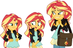 Size: 4600x3000 | Tagged: safe, artist:cloudyglow, derpibooru import, sunset shimmer, equestria girls, mirror magic, spoiler:eqg specials, .ai available, absurd resolution, clothes, jacket, leather jacket, multeity, open mouth, shimmerstorm, shoulder bag, simple background, smiling, transparent background, triality, trio, vector