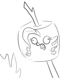 Size: 1650x1650 | Tagged: semi-grimdark, artist:tjpones, derpibooru import, rarity, female, fire, food, food transformation, grayscale, imminent vore, inanimate tf, marshmallow, monochrome, open mouth, panic, rarity is a marshmallow, s'mores, screaming, simple background, solo, stick, this will end in tears and/or death, transformation, white background