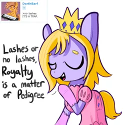 Size: 1650x1650 | Tagged: safe, artist:tjpones, derpibooru import, oc, oc:princess pedigree, unofficial characters only, earth pony, pony, derpibooru, clothes, comments, crown, dialogue, dress, eyes closed, female, gloves, jewelry, mare, meta, princess, raised hoof, regalia, simple background, solo, white background