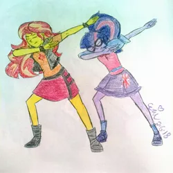 Size: 2432x2432 | Tagged: safe, artist:erenerakhard, derpibooru import, sci-twi, sunset shimmer, twilight sparkle, equestria girls, dab, duo, eyes closed, traditional art