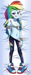Size: 1400x3300 | Tagged: suggestive, artist:horsecat, derpibooru import, rainbow dash, equestria girls, belly button, body pillow, body pillow design, breasts, clothes, converse, female, fetish, leggings, midriff, pants, pants down, shirt, shirt lift, shoes, signature, sneakers, sneakers fetish, solo, solo female, stripping, tongue out, underboob