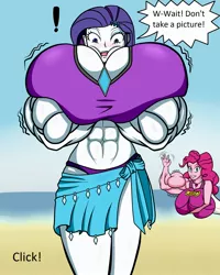 Size: 1600x2000 | Tagged: suggestive, artist:nokozeze, derpibooru import, pinkie pie, rarity, equestria girls, equestria girls series, forgotten friendship, beach, big breasts, breaking the fourth wall, breast expansion, breasts, busty pinkie pie, busty rarity, dialogue, exclamation point, growth, huge breasts, impossibly large breasts, muscles, ocean, open mouth, overdeveloped muscles, pinkie pump, ripped rarity, sand, speech bubble, waving