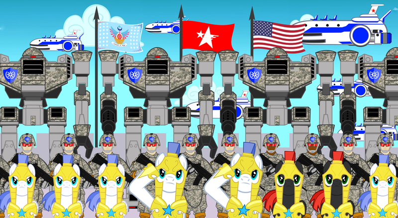 Size: 3469x1898 | Tagged: army, artist:trungtranhaitrung, crossover, derpibooru import, flag, guardian units of nations, gun beetle, royal guard, safe, salute, sonic forces, sonic the hedgehog (series)