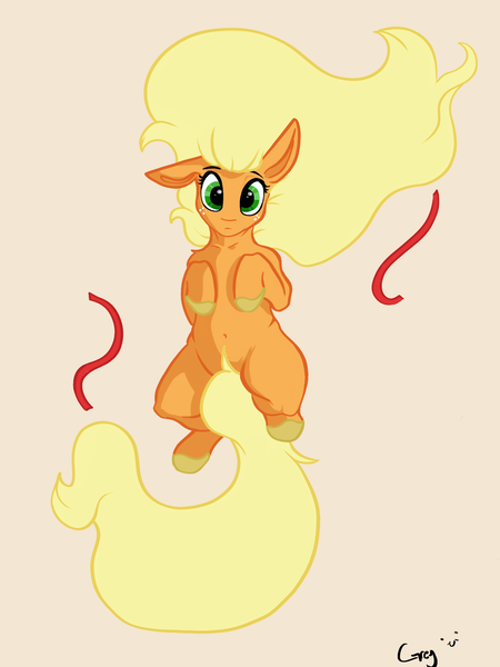 Size: 1500x2000 | Tagged: safe, artist:greyscaleart, derpibooru import, applejack, pony, belly button, imminent belly rub, long mane, loose hair, solo