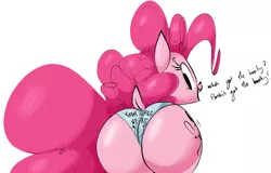 Size: 1853x1188 | Tagged: dead source, suggestive, artist:hattsy-nsfw, derpibooru import, pinkie pie, earth pony, pony, balloonbutt, blue underwear, booty man, clothes, dialogue, dock, female, implied facesitting, kiss my ass, looking at you, looking back, looking back at you, mare, panties, plot, ponk's got the booty, simple background, solo, solo female, song reference, talking, talking to viewer, tim wilson, underwear, white background, your face here panties
