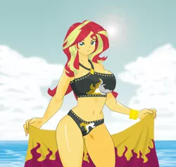 Size: 3828x3628 | Tagged: safe, artist:chuyryu, derpibooru import, sunset shimmer, equestria girls, equestria girls series, forgotten friendship, belly button, black swimsuit, breasts, busty sunset shimmer, clothes, cutie mark swimsuit, female, jeweled swimsuit, solo, swimsuit