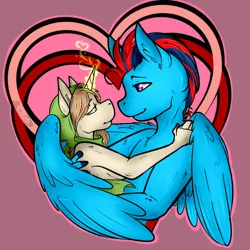 Size: 800x800 | Tagged: safe, artist:nekodorei, derpibooru import, oc, oc:andrew swiftwing, oc:clouded wisp, unofficial characters only, anthro, pegasus, unicorn, anded, breasts, clothes, duo, eye contact, female, glowing horn, heart, hearts and hooves day, holiday, hood, hug, looking at each other, magic, male, nudity, scarf, shipping, sideboob, simple background, spread wings, valentine's day, winghug, wings