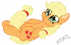 Size: 6869x4419 | Tagged: safe, artist:starstridepony, derpibooru import, applejack, earth pony, pony, absurd resolution, cheek fluff, chest fluff, cute, ear fluff, fluffy, jackabetes, leg fluff, legitimately amazing mspaint, lying down, messy mane, mlem, ms paint, on back, silly, simple background, tail between legs, tongue out, white background