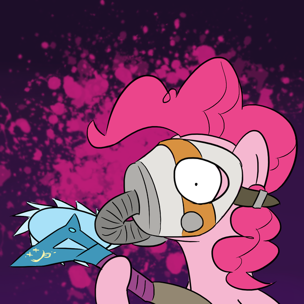 Size: 1280x1280 | Tagged: safe, artist:phat_guy, derpibooru import, pinkie pie, earth pony, pony, angry, borderlands, borderlands 2, bust, buzz axe, crazy face, crossover, faic, female, gas mask, hoof hold, insanity, krieg, looking at you, maniac, mare, mask, melee, melee weapon, portrait, raised leg, sawblade, smiley, solo, weapon, wide eyes, xp