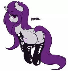 Size: 3930x4141 | Tagged: suggestive, artist:wickedsilly, derpibooru import, oc, oc:wicked silly, unofficial characters only, semi-anthro, ask, butt, clothes, female, image, latex, latex socks, looking at you, looking back, looking back at you, plot, png, simple background, socks, solo, solo female, tumblr, white background