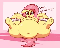 Size: 1600x1286 | Tagged: abstract background, adorafatty, artist:graphenescloset, belly, belly button, big belly, cute, derpibooru import, dialogue, fat, fattershy, female, fluttershy, food baby, jiggle, obese, oh my, shyabetes, solo, solo female, source needed, spread wings, stomach noise, suggestive, underhoof, wide hips, wings