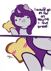 Size: 3531x4953 | Tagged: safe, artist:wickedsilly, derpibooru import, oc, oc:wicked silly, pony, unicorn, blushing, bread, comic, dialogue, female, food, ponysona, simple background, smiling, uguu