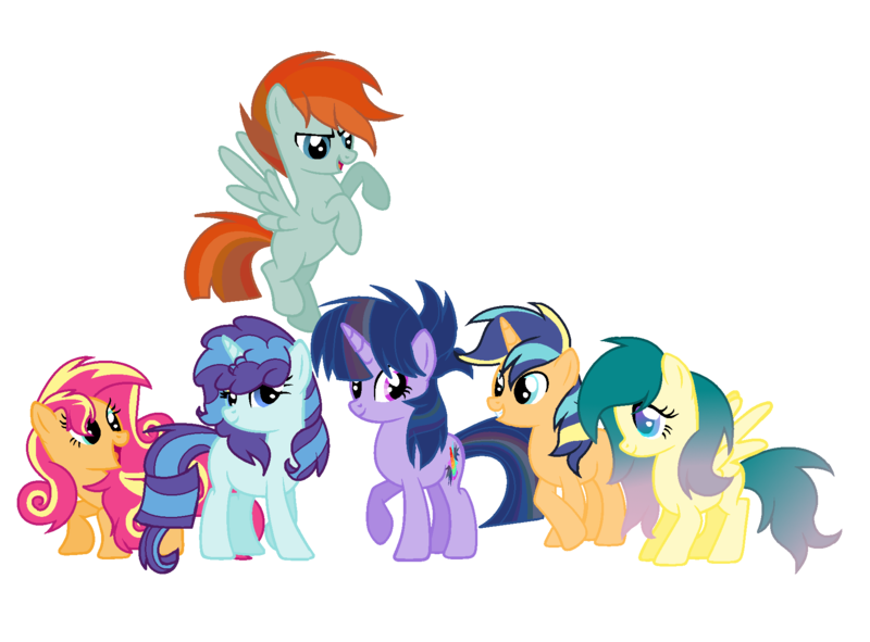 Size: 1840x1360 | Tagged: safe, artist:thesmall-artist, derpibooru import, oc, oc:apple shield, oc:butterfly, oc:colour sparkling, oc:fashion favor, oc:rainbow sun, oc:sweet sun, unofficial characters only, earth pony, pegasus, pony, unicorn, female, interspecies offspring, magical lesbian spawn, mare, offspring, parent:applejack, parent:fluttershy, parent:party favor, parent:pharynx, parent:pinkie pie, parent:rainbow dash, parent:rarity, parent:shining armor, parent:sunset shimmer, parent:twilight sparkle, parents:partity, parents:shiningjack, parents:sunsetpie, parents:twidash, simple background, transparent background