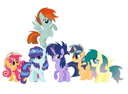 Size: 1840x1360 | Tagged: safe, artist:thesmall-artist, derpibooru import, oc, oc:apple shield, oc:butterfly, oc:colour sparkling, oc:fashion favor, oc:rainbow sun, oc:sweet sun, unofficial characters only, earth pony, pegasus, pony, unicorn, female, interspecies offspring, magical lesbian spawn, mare, offspring, parent:applejack, parent:fluttershy, parent:party favor, parent:pharynx, parent:pinkie pie, parent:rainbow dash, parent:rarity, parent:shining armor, parent:sunset shimmer, parent:twilight sparkle, parents:partity, parents:shiningjack, parents:sunsetpie, parents:twidash, simple background, transparent background