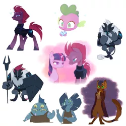 Size: 1800x1800 | Tagged: safe, artist:kkmrarar, derpibooru import, capper dapperpaws, louise, mori, spike, tempest shadow, twilight sparkle, twilight sparkle (alicorn), abyssinian, anthro, cat, digitigrade anthro, dragon, frilled lizard, pony, unicorn, my little pony: the movie, anthro with ponies, bident, crying, fishman, heart eyes, lizard vendor, male, simple background, sparking horn, storm guard, white background, wingding eyes