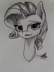 Size: 1024x1365 | Tagged: safe, artist:ironbeastz, derpibooru import, rarity, pony, bust, monochrome, portrait, solo, traditional art