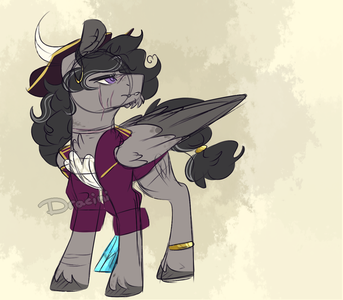 Size: 1324x1159 | Tagged: safe, artist:dracini, derpibooru import, oc, unofficial characters only, pegasus, pony, amputee, clothes, colored sketch, male, peg leg, pirate, prosthetic leg, prosthetic limb, prosthetics, scar, scarred, scruffy, sketch, solo, stallion