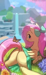 Size: 755x1219 | Tagged: suggestive, artist:lumineko, derpibooru import, fluttershy, bird, butterfly, pegasus, pony, adorasexy, bow, clothes, cute, dock, dress, female, flower, flutterbutt, grass, looking at you, looking back, looking back at you, mare, nature, plot, prone, raised tail, sexy, shyabetes, skirt, skirt lift, smiling, solo, solo female, sploot, tail, tail upskirt, waterfall