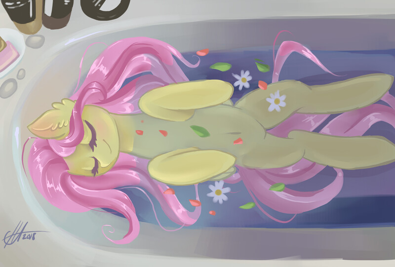 Size: 3400x2300 | Tagged: safe, artist:xjenn9, derpibooru import, fluttershy, pony, bath, bathtub, cute, eyes closed, female, mare, relaxing, shyabetes, smiling, solo, water