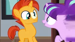 Size: 750x421 | Tagged: safe, derpibooru import, screencap, starlight glimmer, sunburst, pony, unicorn, uncommon bond, colt sunburst, female, filly, filly starlight glimmer, great moments in animation, motion blur, nyoom, pigtails, younger