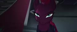 Size: 1920x804 | Tagged: armor, broken horn, canterlot castle, cracked horn, derpibooru import, eye scar, female, lidded eyes, mare, mohawk, my little pony: the movie, raised eyebrow, safe, scar, screencap, solo, tempest shadow, tempest shadow is not amused, unamused