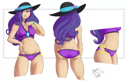 Size: 2868x1856 | Tagged: suggestive, artist:ponut_joe, derpibooru import, rarity, human, equestria girls, equestria girls series, forgotten friendship, armpits, ass, beautiful, belly button, bicolor swimsuit, bikini, bikini top, bracelet, breasts, busty rarity, cleavage, clothes, female, happy, hat, high res, human coloration, humanized, jeweled swimsuit, jewelry, nail polish, purple swimsuit, rearity, sexy, smiling, solo, solo female, sun hat, swimsuit