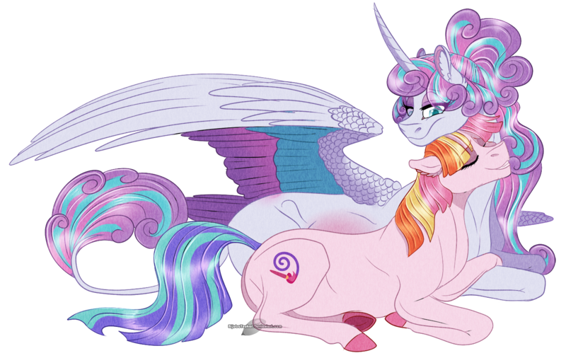 Size: 1400x885 | Tagged: safe, artist:bijutsuyoukai, derpibooru import, princess flurry heart, toola roola, pony, colored wings, commission, crack shipping, cuddling, female, lesbian, multicolored wings, older, pregnant, prone, shipping, simple background, toolaheart, transparent background