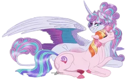 Size: 1400x885 | Tagged: safe, artist:bijutsuyoukai, derpibooru import, princess flurry heart, toola roola, pony, colored wings, commission, crack shipping, cuddling, female, lesbian, multicolored wings, older, pregnant, prone, shipping, simple background, toolaheart, transparent background
