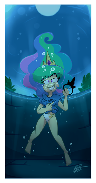 Size: 950x1807 | Tagged: abuse, artist:uwdr-64, belly button, blame my sister, clothes, cutie mark underwear, derpibooru import, evil, evil celestia, evil grin, female, full moon, grin, human, humanized, lunabuse, moon, murder attempt, princess celestia, princess luna, revenge, shirt, smiling, solo, solo female, suggestive, swimming, swimming pool, t-shirt, underwater, underwear, white underwear