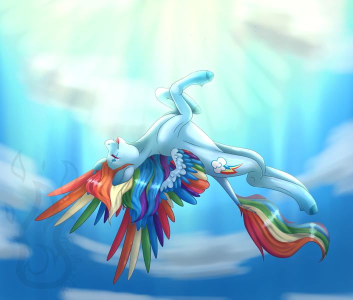 Size: 2048x1740 | Tagged: safe, artist:fireheartsk, derpibooru import, rainbow dash, pegasus, pony, backwards cutie mark, colored wings, eye scar, eyes closed, female, flying, mare, multicolored wings, open mouth, rainbow wings, scar, sky, solo, unshorn fetlocks, upside down