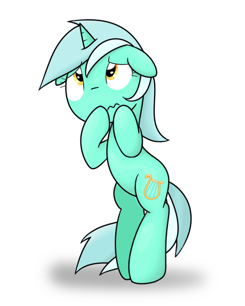 Size: 1000x1250 | Tagged: safe, artist:latie, derpibooru import, lyra heartstrings, pony, unicorn, bipedal, female, floppy ears, mare, simple background, solo, wavy mouth, white background