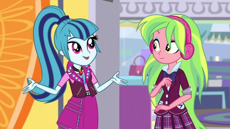 Size: 1278x716 | Tagged: safe, artist:themexicanpunisher, derpibooru import, edit, lemon zest, sonata dusk, dance magic, equestria girls, spoiler:eqg specials, clothes, crystal prep academy uniform, female, headphones, lemonata, lesbian, looking at each other, open mouth, school uniform, shipping, shrug, smiling