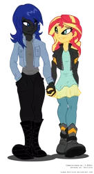 Size: 800x1471 | Tagged: safe, artist:niban-destikim, derpibooru import, sunset shimmer, oc, oc:midnight storm, fanfic:the witching hour, equestria girls, canon x oc, clothes, commission, dating, equestria girls-ified, female, holding hands, jacket, lesbian, looking at each other, shipping, shirt, simple background, smiling, transparent background, walking