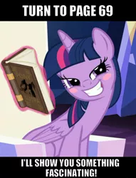 Size: 500x655 | Tagged: alicorn, bedroom eyes, blushing, book, bronybait, derpibooru import, edit, edited screencap, female, image macro, kama sutra, meme, screencap, solo, solo female, suggestive, twilight sparkle, twilight sparkle (alicorn)