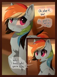 Size: 829x1100 | Tagged: safe, artist:hioshiru, derpibooru import, rainbow dash, pegasus, pony, comic:tale road, blushing, cheek fluff, chest fluff, comic, cute, dashabetes, dialogue, ear fluff, eyelashes, female, fluffy, mare, open mouth, quibbledash, shipping, smiling, solo, speech bubble, straight, train