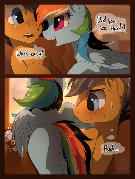 Size: 829x1100 | Tagged: explicit, artist:hioshiru, derpibooru import, quibble pants, rainbow dash, earth pony, pegasus, pony, comic:tale road, blushing, cheek fluff, chest fluff, coffee, comic, dialogue, ear fluff, eyes on the prize, female, human vagina on pony, male, mare, missing cutie mark, nudity, open mouth, plot, quibbledash, shipping, smiling, speech bubble, stallion, straight, sweat, train, vulva, wings
