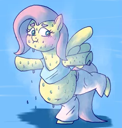 Size: 1969x2063 | Tagged: artist:tuta suke, balancing, belly, belly button, blushing, clothes, derpibooru import, excessive sweat, fat, fattershy, fluttershy, safe, solo, sweat, sweater, sweatershy