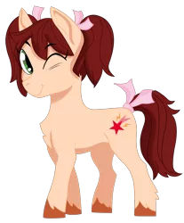 Size: 1000x1206 | Tagged: safe, artist:dbkit, derpibooru import, oc, oc:pace, earth pony, pony, bow, commission, female, mare, one eye closed, ribbon, simple background, tail bow, transparent background, unshorn fetlocks, wink