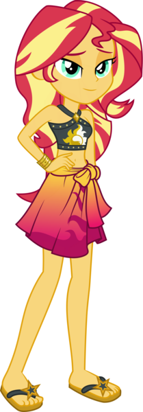 Size: 800x2302 | Tagged: safe, artist:whalepornoz, derpibooru import, sunset shimmer, equestria girls, equestria girls series, forgotten friendship, .svg available, belly button, bikini, clothes, feet, flip-flops, sandals, sarong, sexy, simple background, skirt, solo, stomach, swimsuit, transparent background, vector