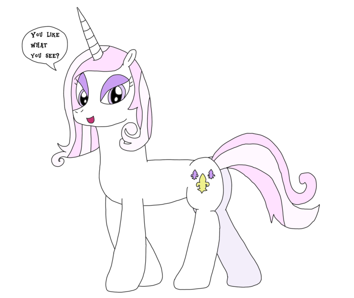 Size: 2710x2276 | Tagged: suggestive, artist:supahdonarudo, derpibooru import, fleur-de-lis, pony, unicorn, dialogue, looking at you, miss fleur is trying to seduce us, plot, simple background, solo, speech bubble, talking to viewer, transparent background